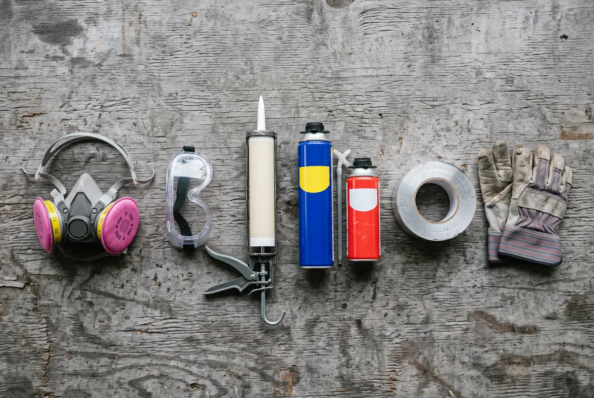 Overhead view of air sealing tools laid out on plywood: a half-mask respirator, sealed goggles, a caulking gun, two cans of foam sealant, a roll of foil tape and work gloves