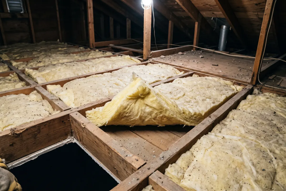 Unfaced fiberglass batts laid between wooden ceiling joists in an attic, one corner lifted to show the joist beneath