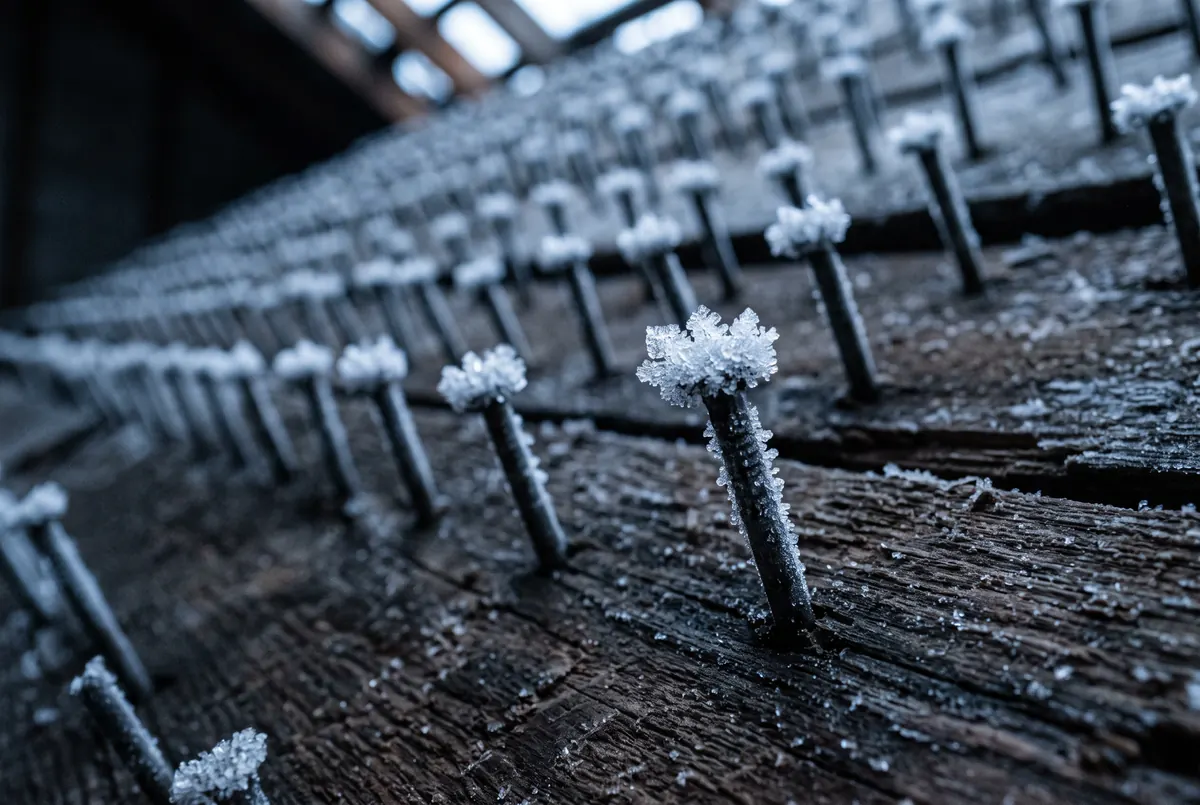 Rows of roofing nail points protruding through attic roof sheathing, each tipped with a crown of white frost crystals