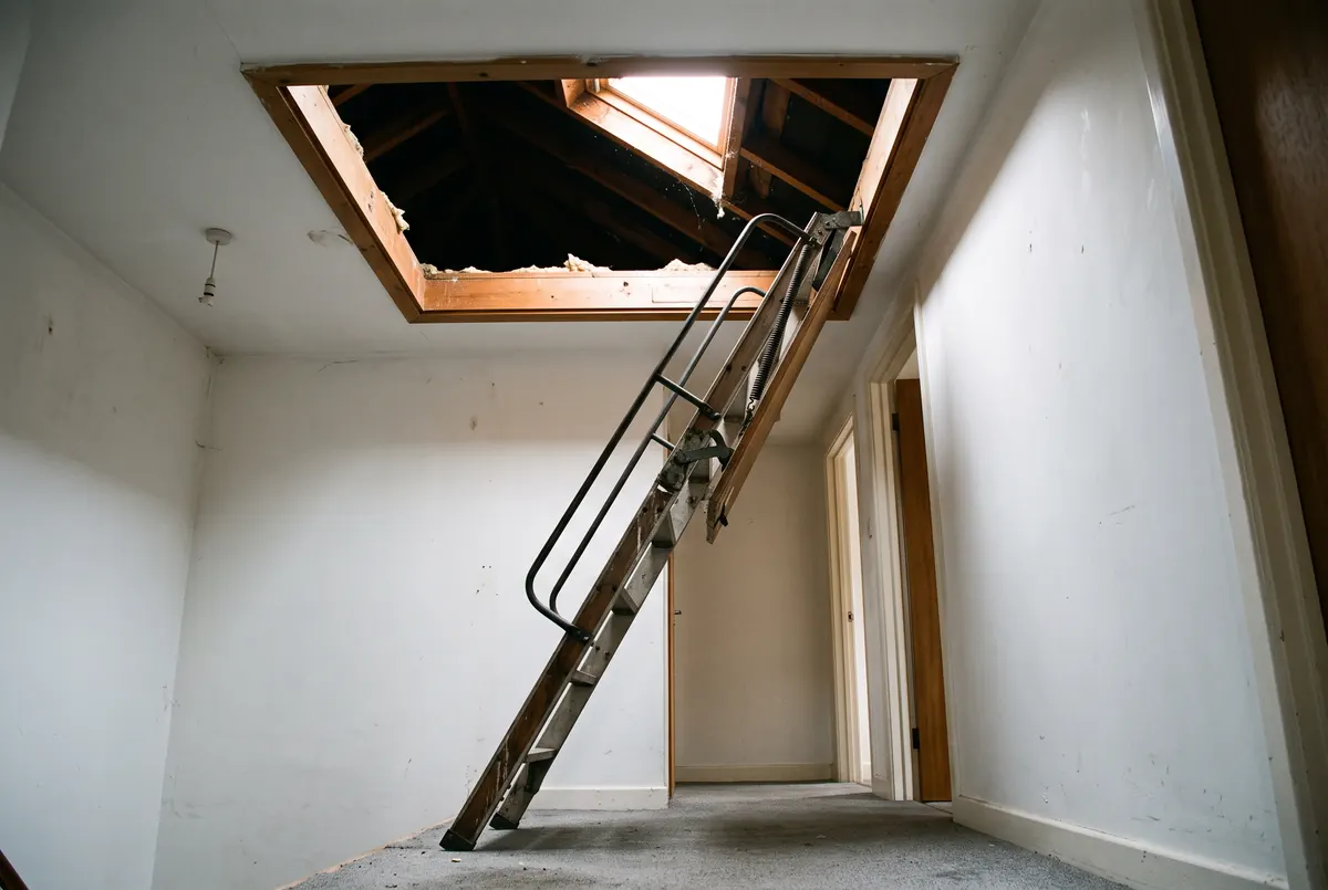An open attic hatch in a hallway ceiling seen from below with a folding loft ladder extended down