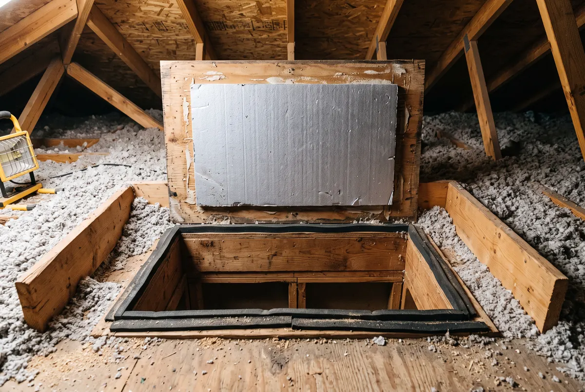 An attic hatch cover seen from inside the attic with rigid foam board fixed to its back and weatherstripping around the frame it seats on