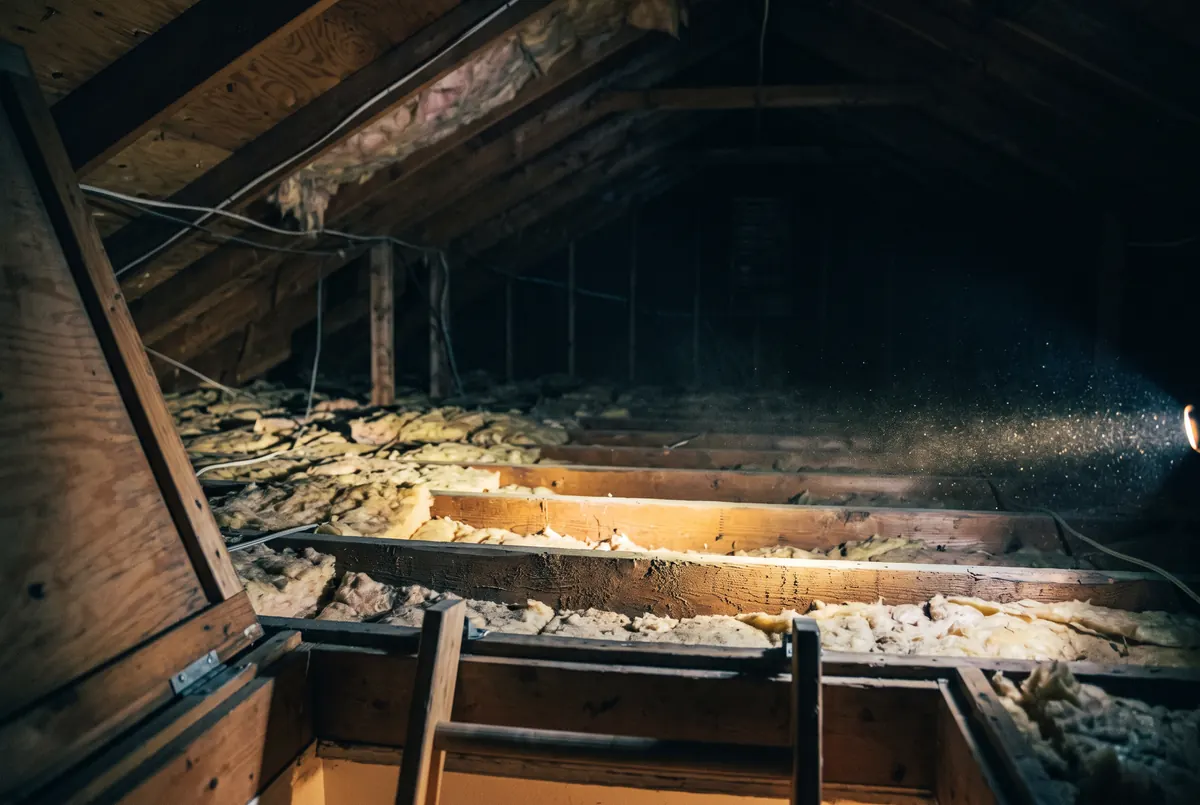 The beam of a work light raking low across the surface of attic insulation, picking out the tops of the ceiling joists