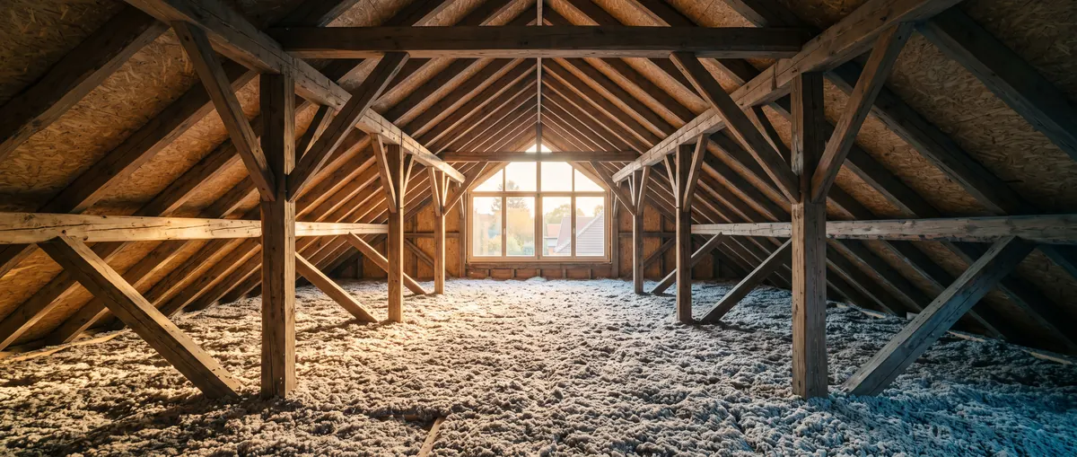 A residential attic in warm low sunlight, with an even blanket of blown insulation across the floor and timber trusses overhead