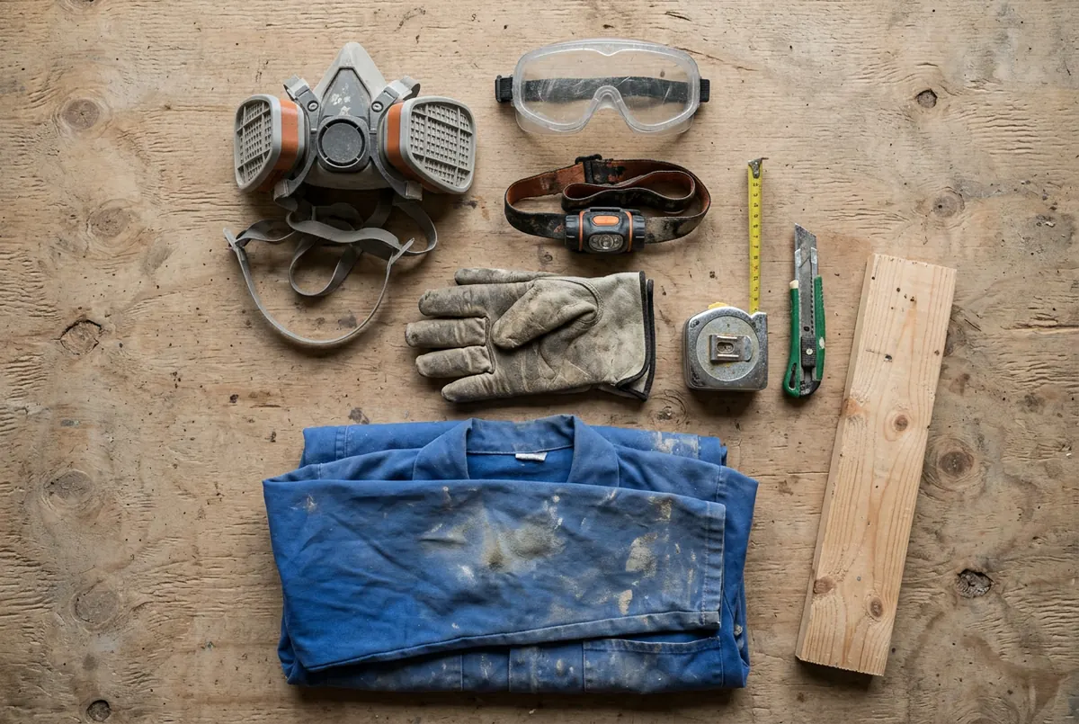 An overhead flat lay on plywood of a half-face respirator, safety goggles, a headlamp, a work glove, a tape measure, a utility knife, folded coveralls and a short plank