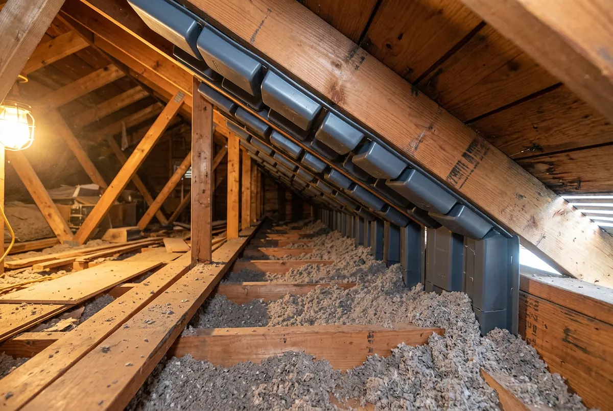 A row of molded plastic insulation baffles installed in every rafter bay above the top plate of an attic, holding an open channel between the insulation and the roof deck