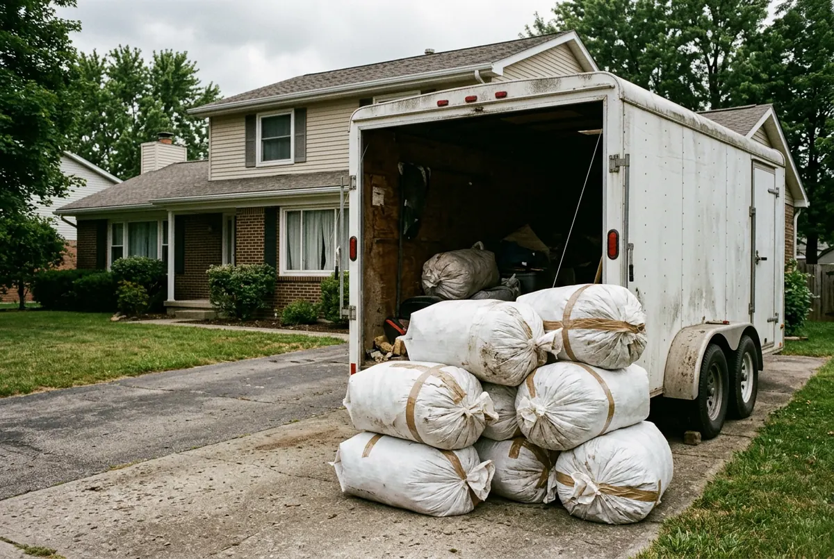 Large sealed white disposal bags of removed insulation stacked on a driveway beside an open enclosed trailer at a suburban house