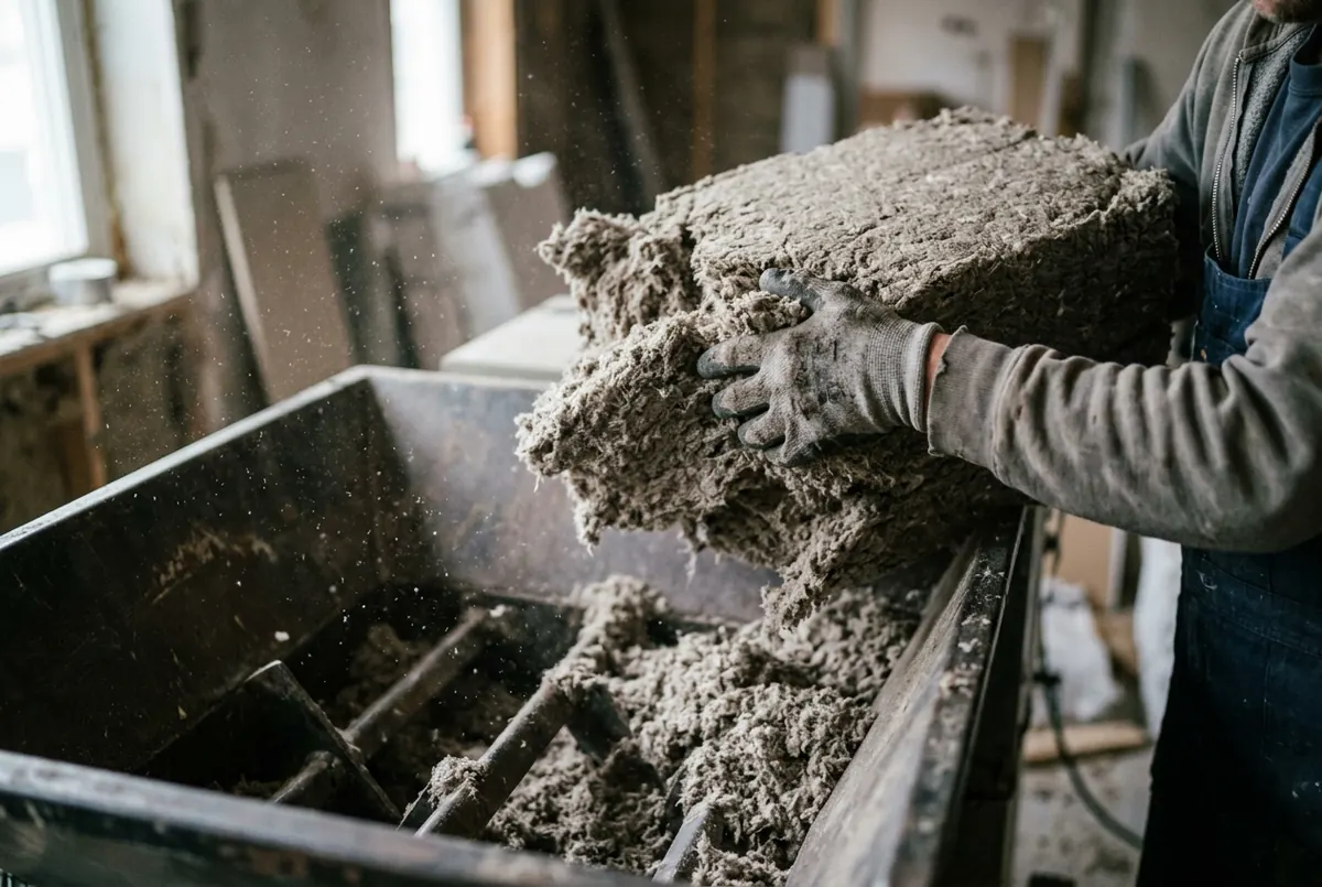 Gloved hands feeding a broken-open compressed bale of loose-fill insulation into the hopper of a blowing machine with the agitator bars visible below