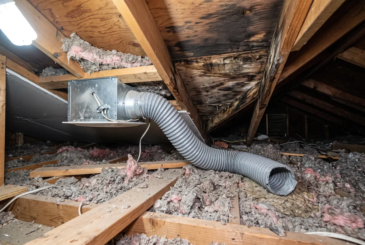 A bathroom exhaust fan housing in an attic with its flexible duct running loose across the insulation and ending in the open attic instead of an exterior vent