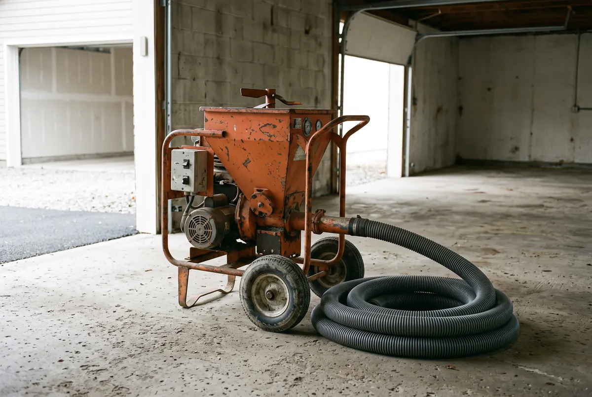 A rented insulation blowing machine with a hopper on a wheeled frame and a coiled hose, standing on the concrete floor of an open garage