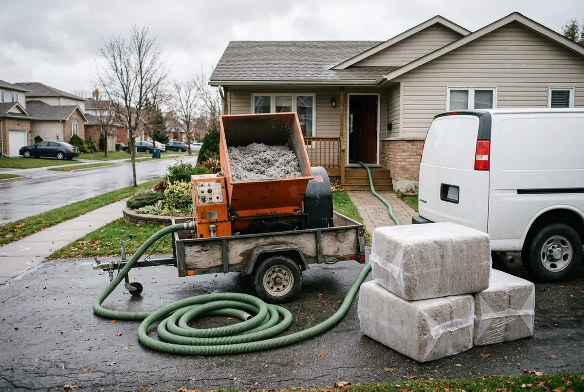 An insulation blowing machine on a trailer beside a work van in a suburban driveway, with a hose running to the front door and compressed bales stacked alongside