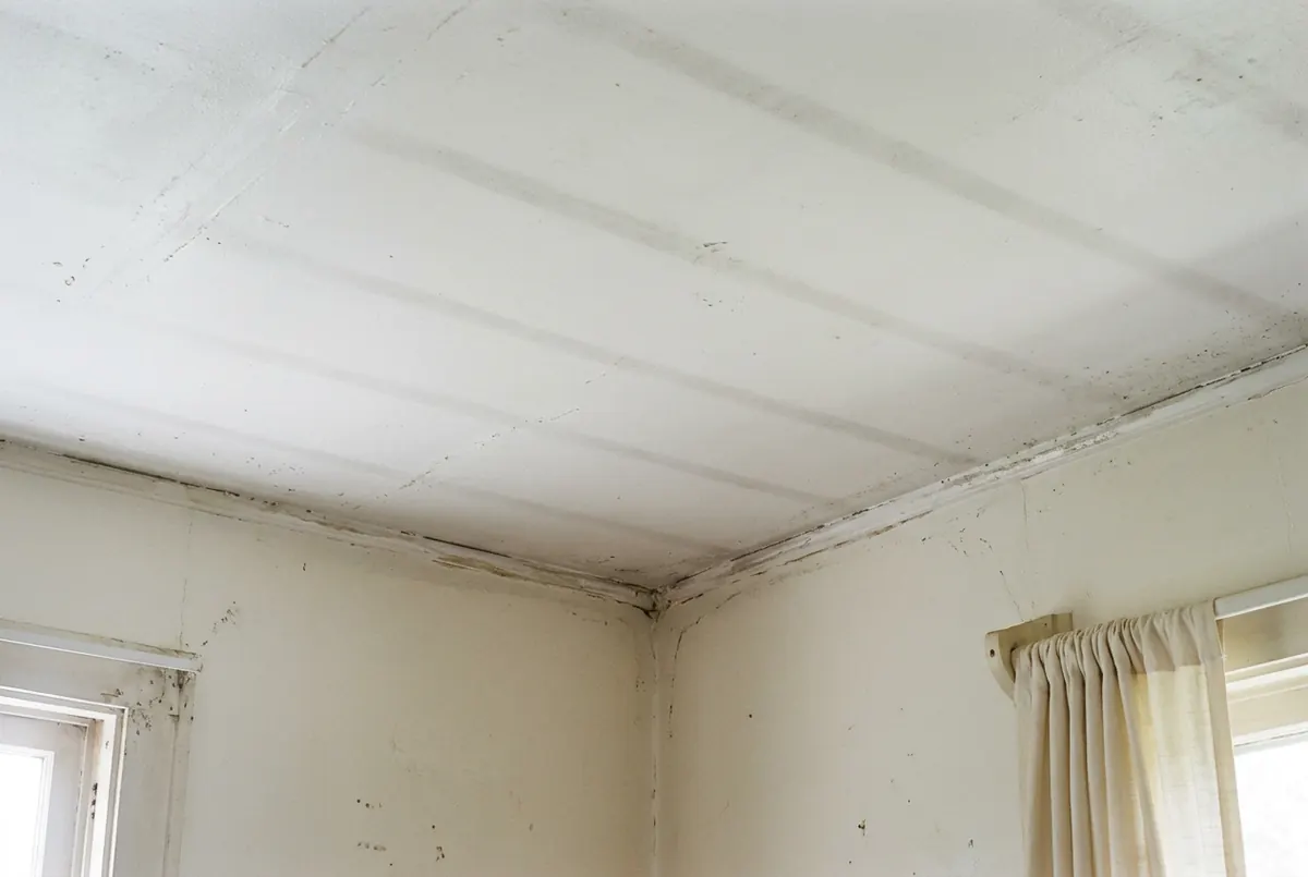 A painted white ceiling in an ordinary room showing faint evenly spaced dark stripes marking the joists behind the drywall, with staining in the corner