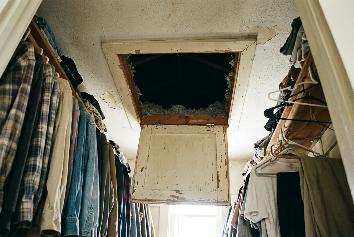 A small square attic access hatch in the ceiling of a cramped bedroom closet, panel pushed aside, hanging clothes crowded on both sides