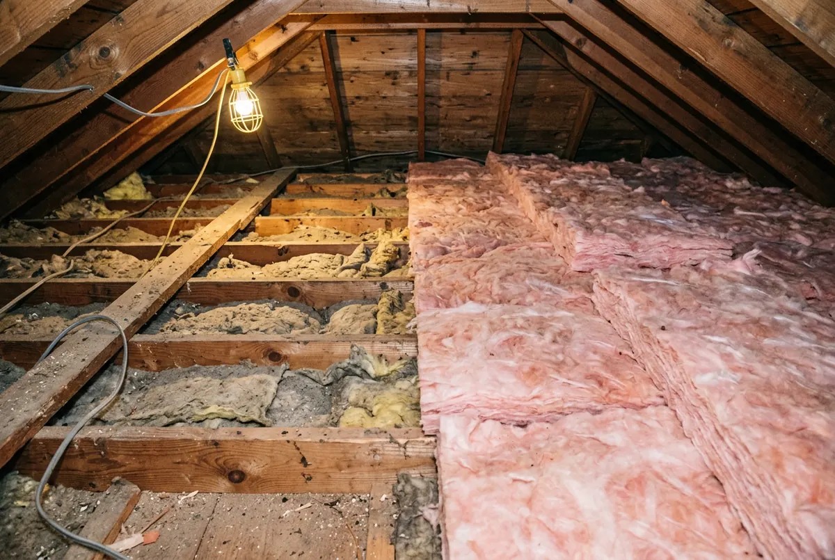 A second layer of plain unfaced fiberglass batts laid crosswise over the tops of attic joists and over the older thinner insulation still visible in the bays alongside