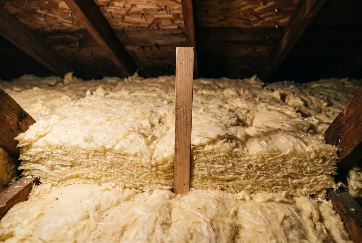 A thick even blanket of pale insulation on an attic floor with a plain wooden stick pushed vertically into it to show the depth against the framing