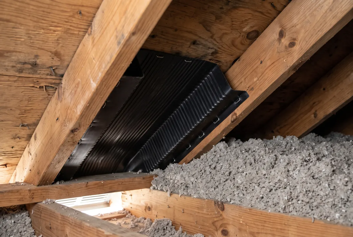 A corrugated plastic baffle stapled under attic roof sheathing between two rafters, holding an air channel open above banked loose-fill insulation