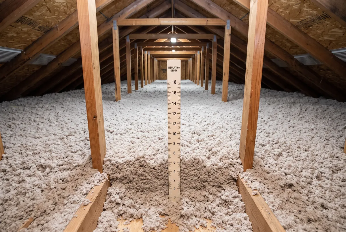 An attic after a blown-in install, with an even unbroken blanket of insulation running the length of the floor and a depth marker standing in it