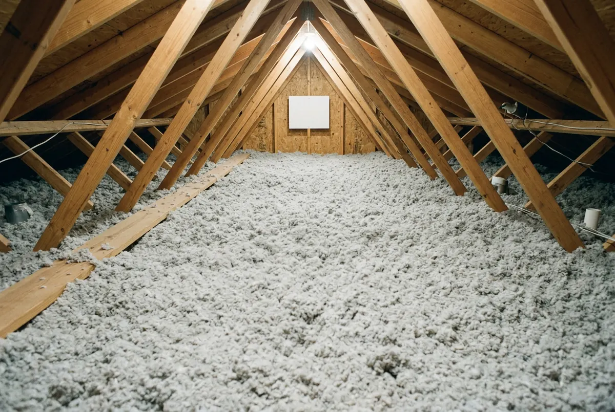 An attic floor covered corner to corner with a deep level uniform blanket of clean pale loose-fill insulation well above the joists