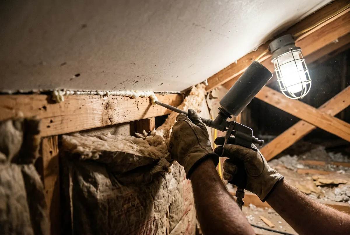 Gloved hands running a bead of expanding foam from an applicator gun along the gap where an interior wall top plate meets the ceiling drywall in an attic