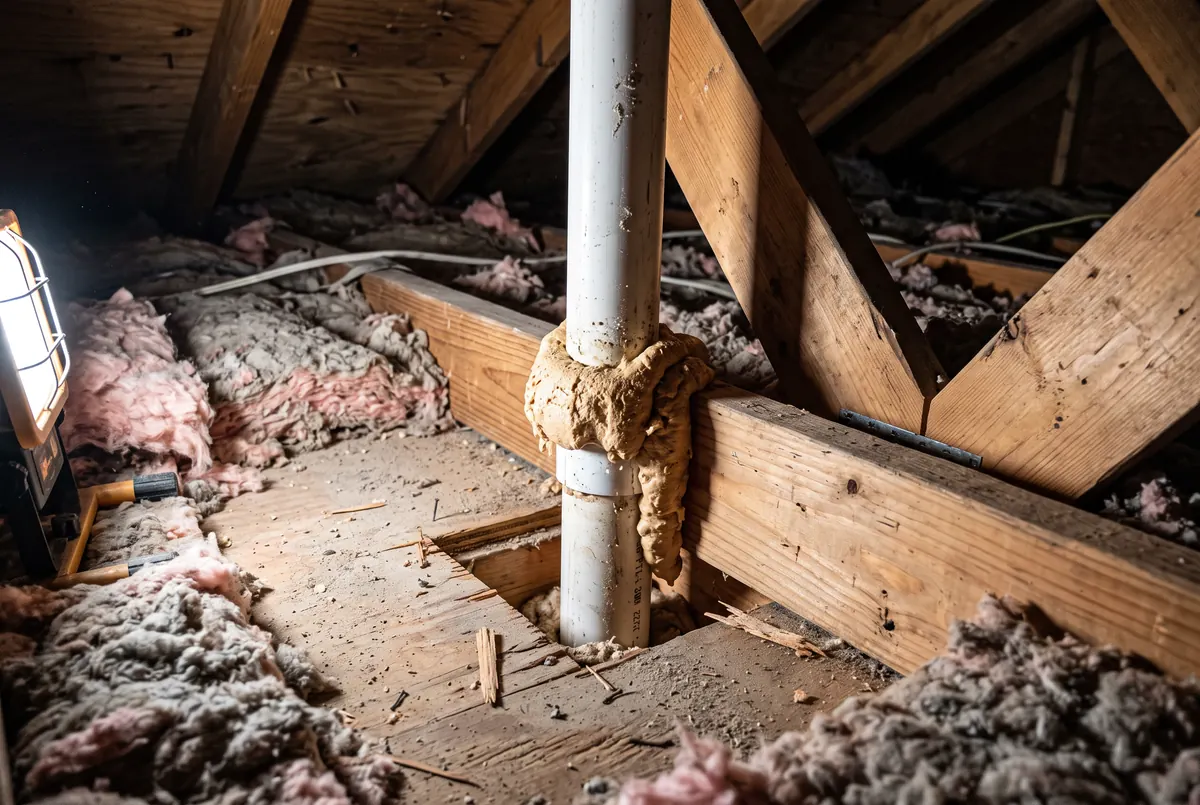 A gap around a plumbing vent pipe passing through an attic ceiling, sealed with a cured collar of expanding foam