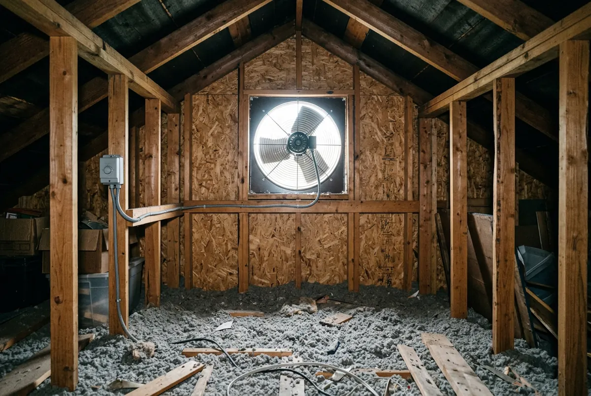 A round powered attic fan mounted in a gable end wall seen from inside the attic, its shutter louvers partly open, wired to a thermostat box on a nearby stud