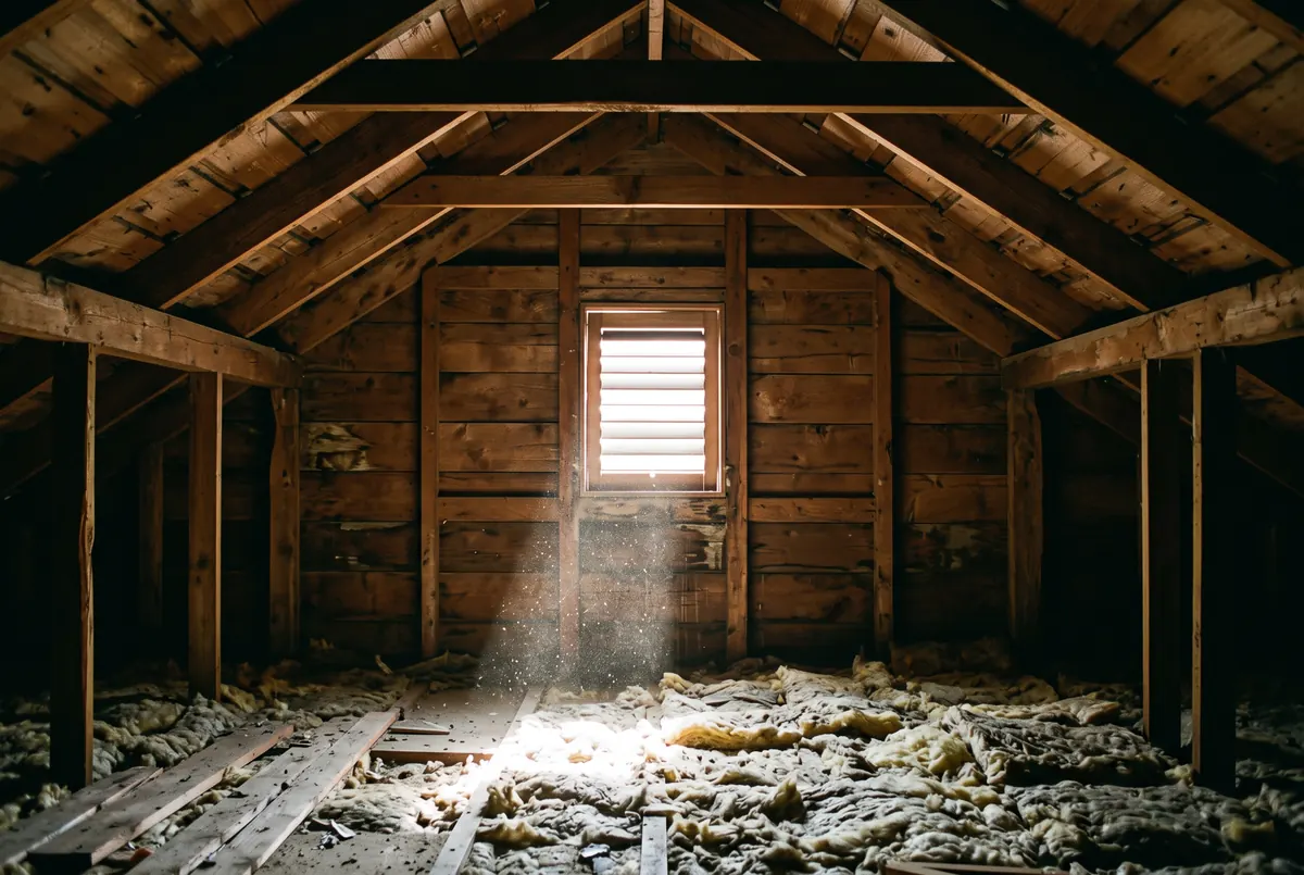 Daylight streaming through a louvered gable vent into a dim attic, falling across the insulation on the floor