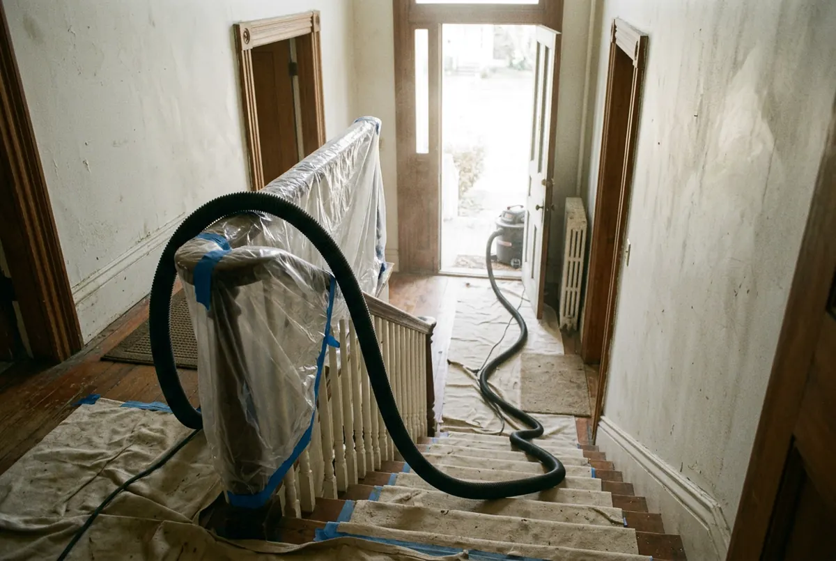 A wide corrugated vacuum hose running down an interior staircase toward an open front door, with plastic sheeting taped over the banister and canvas runners protecting the treads