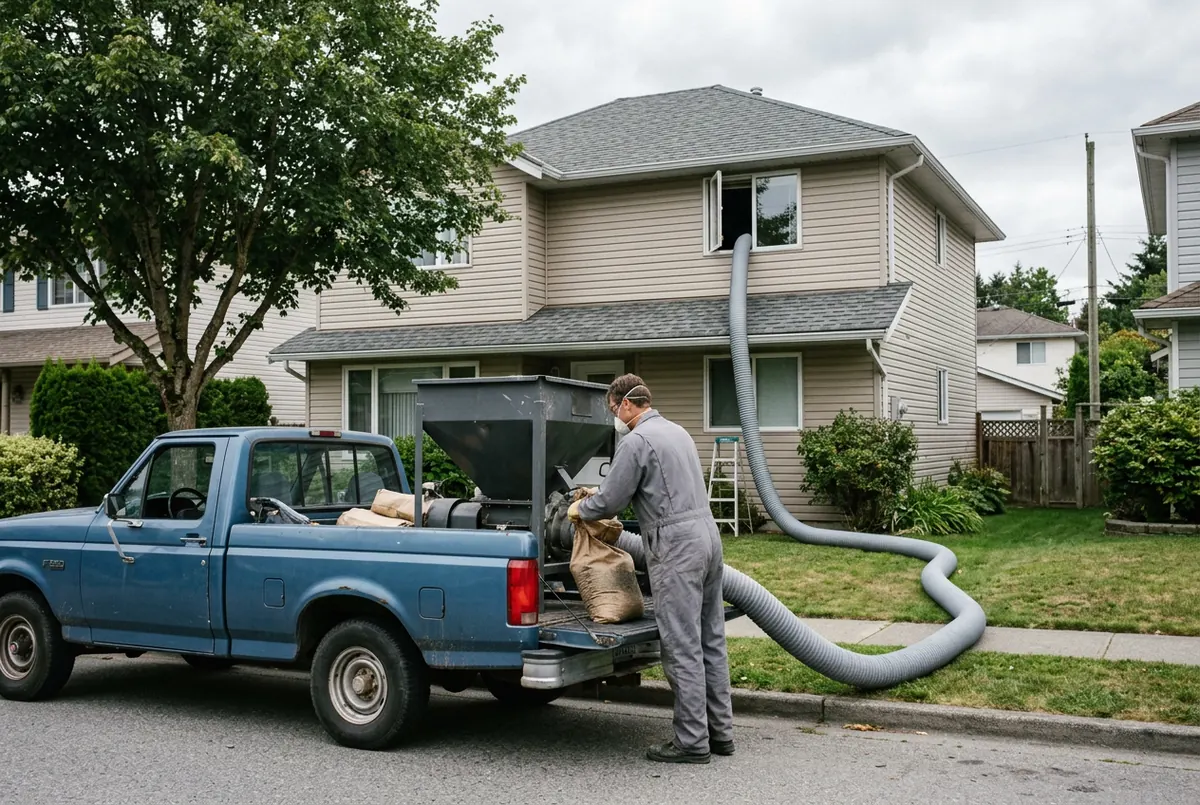 A worker in coveralls and a dust mask feeding a hopper machine at a pickup tailgate while a hose runs up into a second-floor window