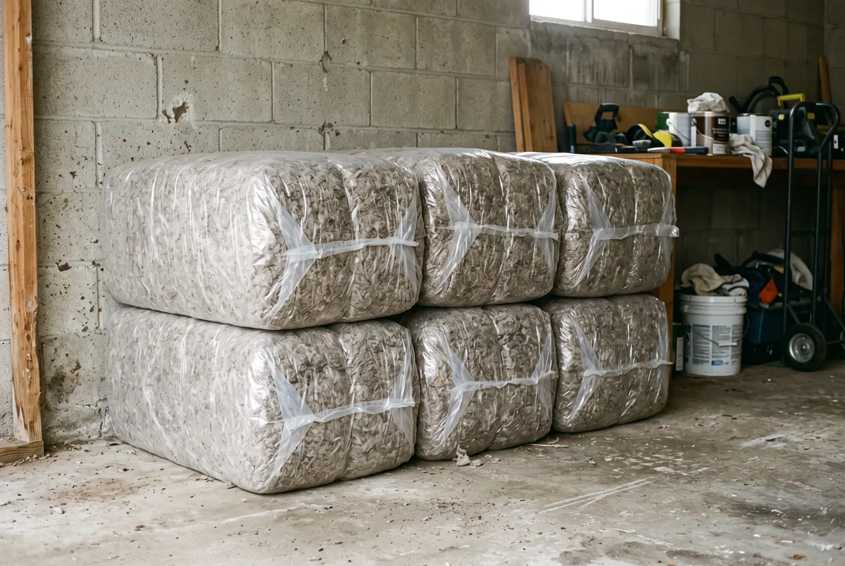 Compressed bales of loose-fill insulation stacked two high on a concrete garage floor, wrapped in plain unmarked plastic