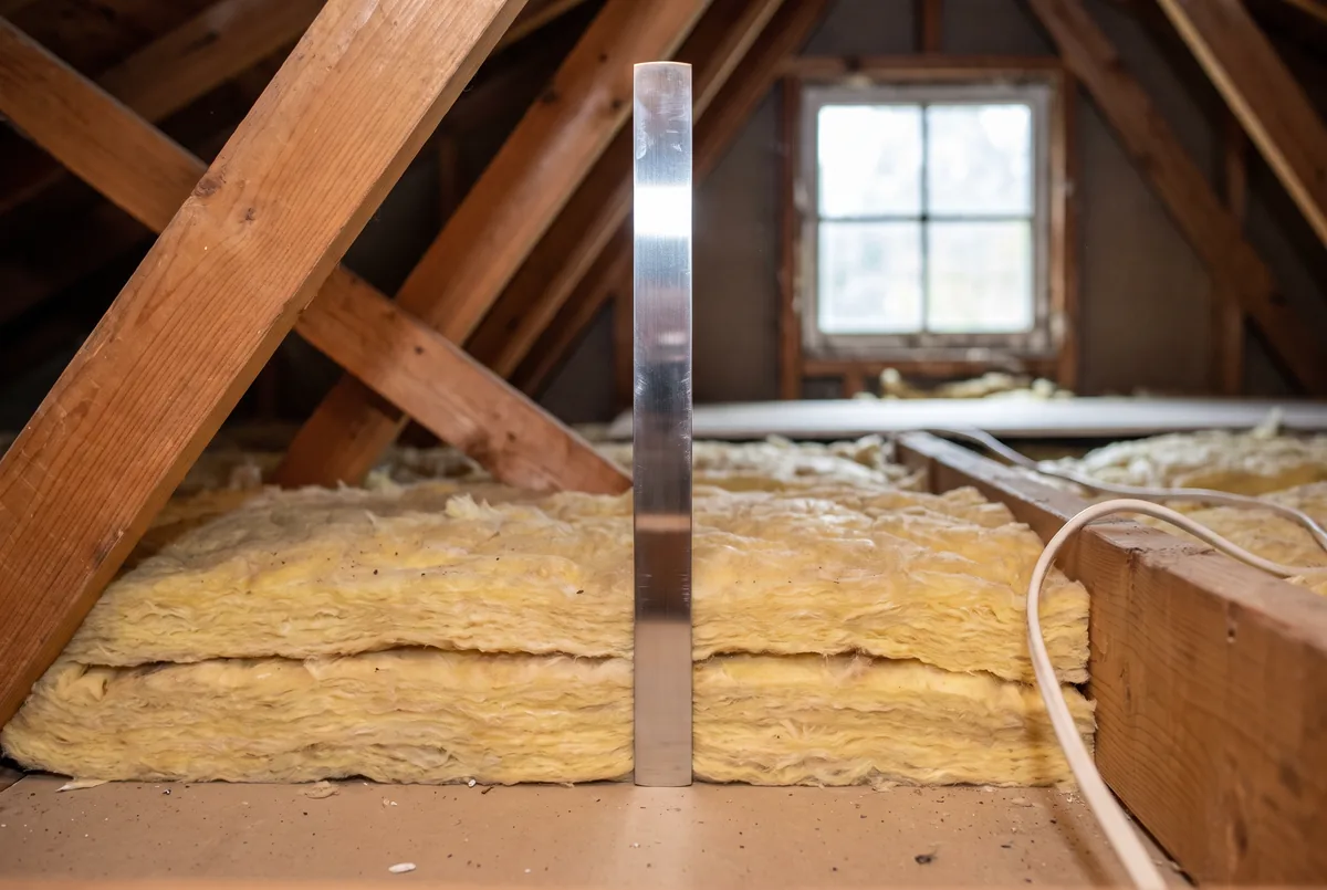 A plain steel bar standing upright in an attic beside two stacked fiberglass batts, its foot resting on the ceiling below so the top of the insulation crosses it partway up
