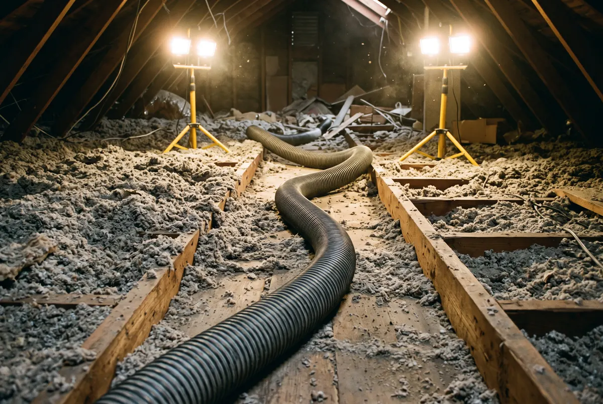 A large flexible insulation removal vacuum hose running across an attic floor over old settled insulation, with work lights illuminating the space