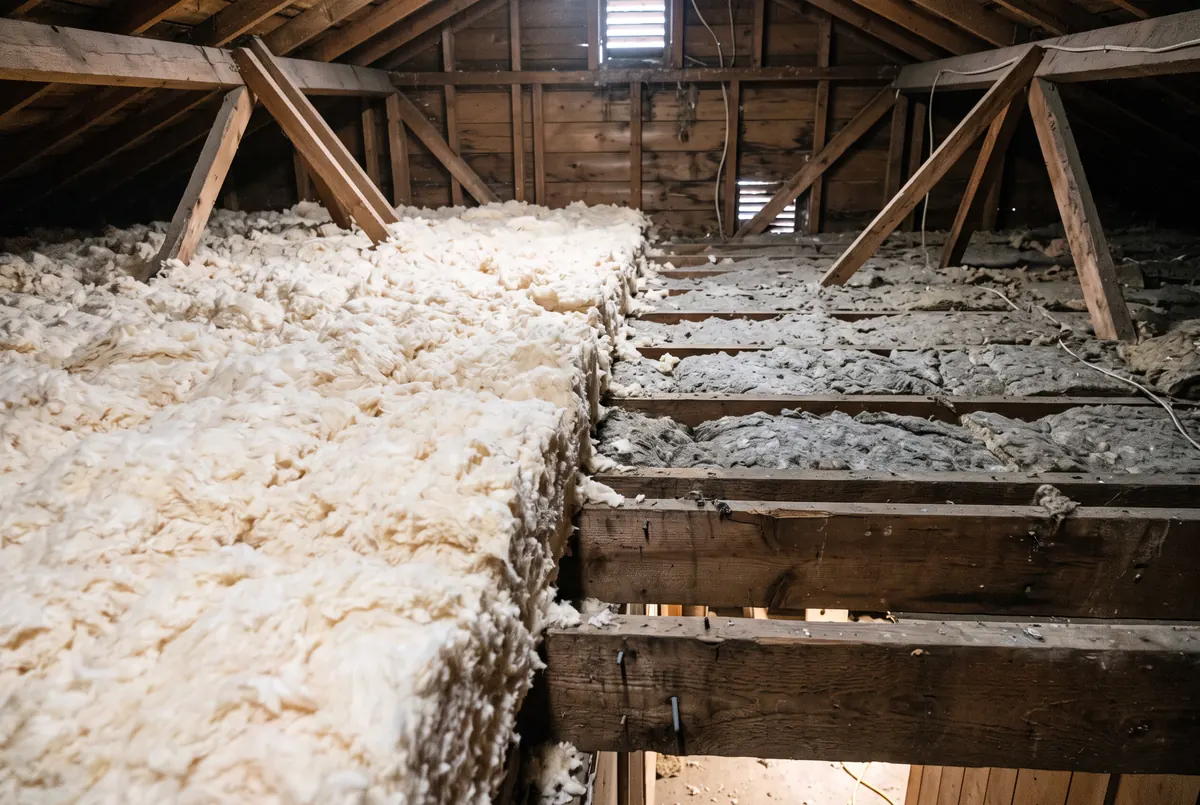 An attic where a new pale layer of loose-fill insulation has been blown over older grayer compacted insulation, the boundary between them visible