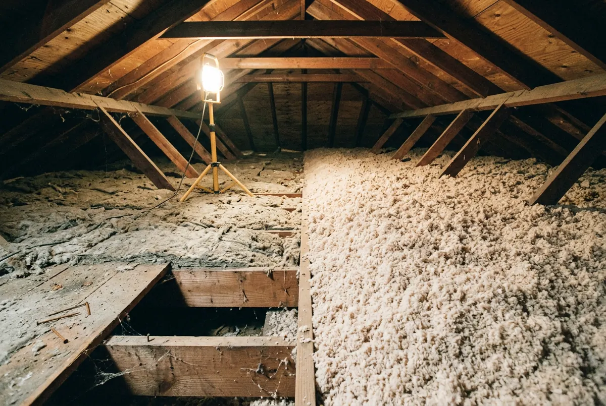An attic floor divided down the middle, old flattened gray loose-fill barely covering the joists on one side and a thick fresh layer of clean new loose-fill on the other