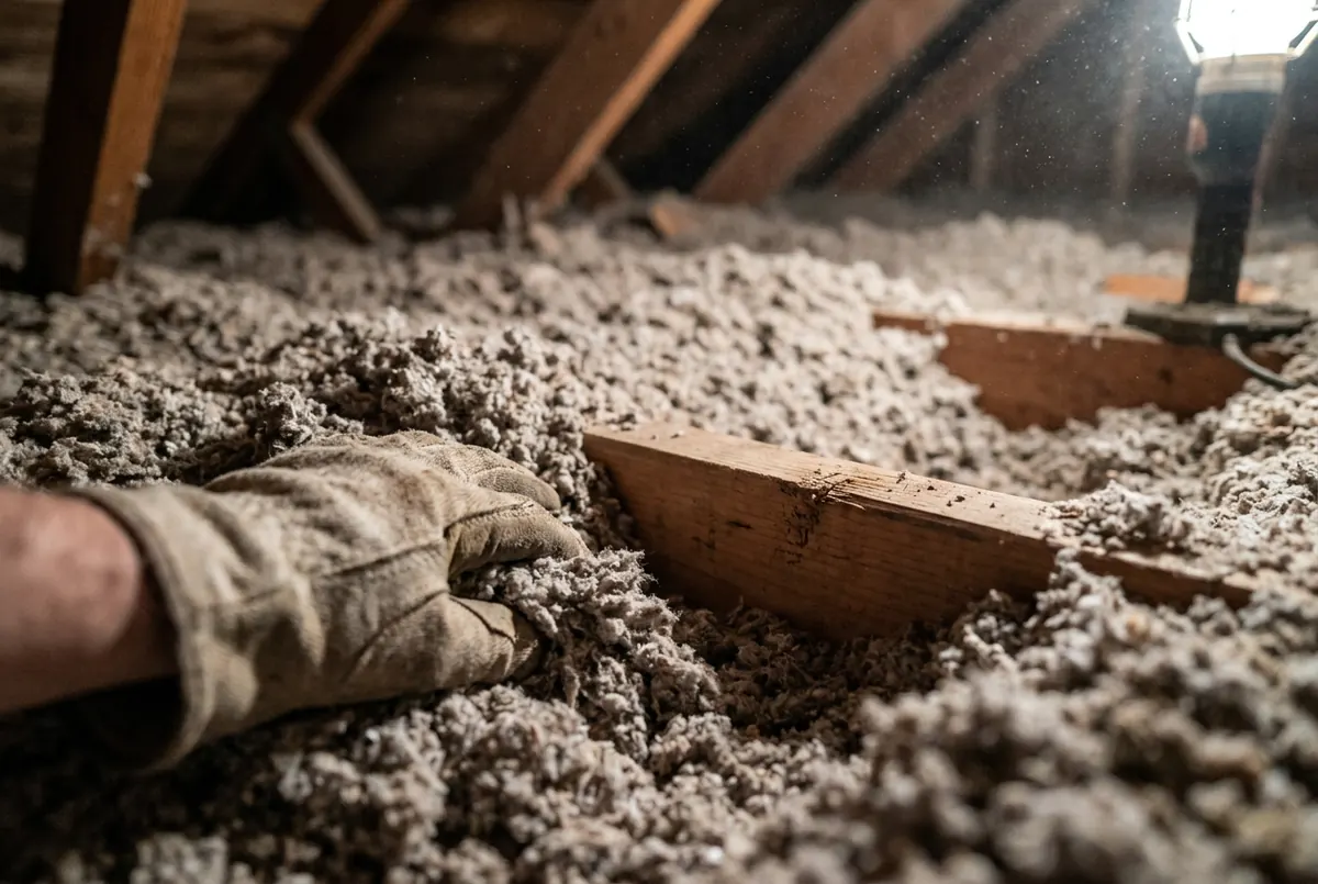 A gloved hand parting loose-fill attic insulation down to the top edge of a ceiling joist, showing how far the insulation sits above the wood