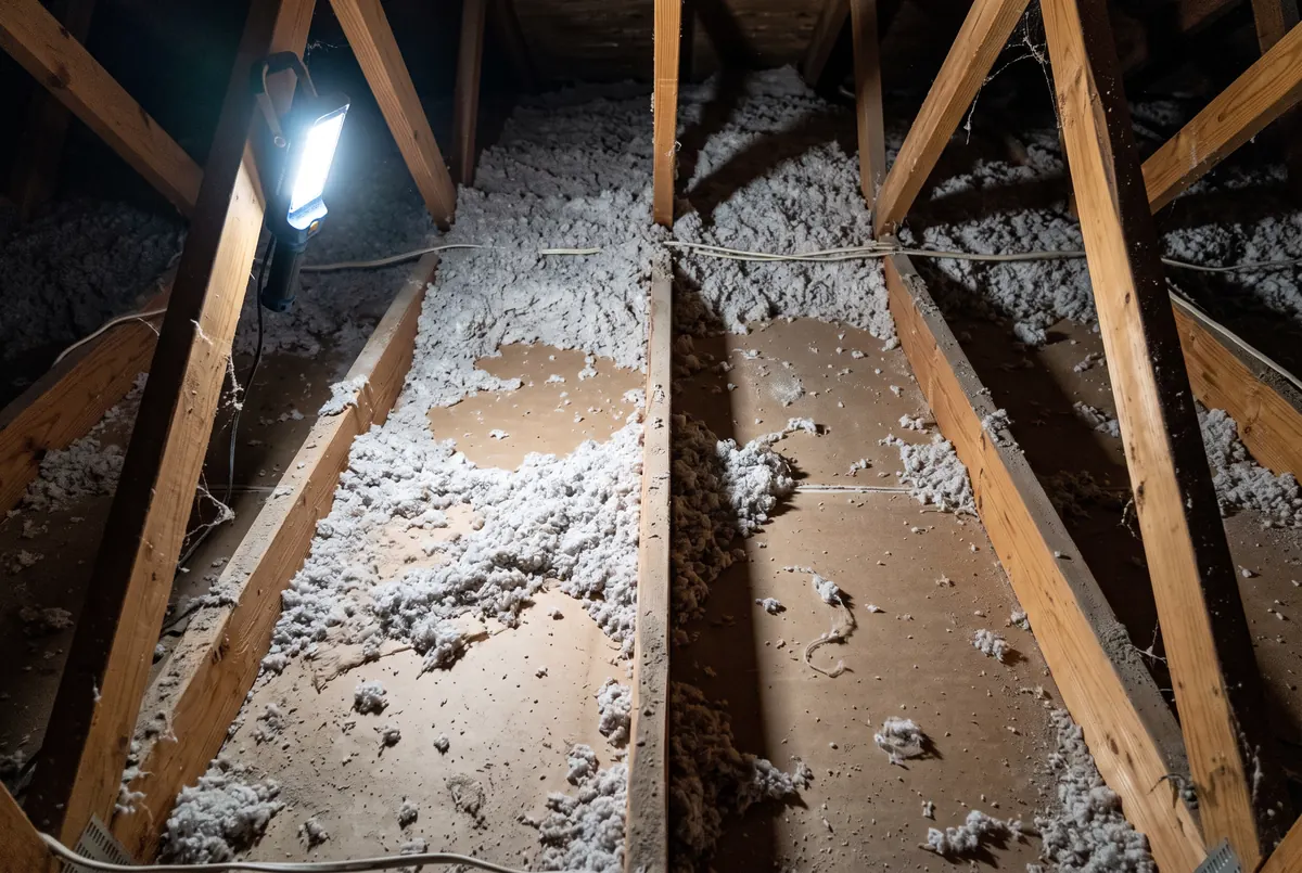 Thin patchy loose-fill insulation in an attic with bare gaps showing the ceiling below between the joists