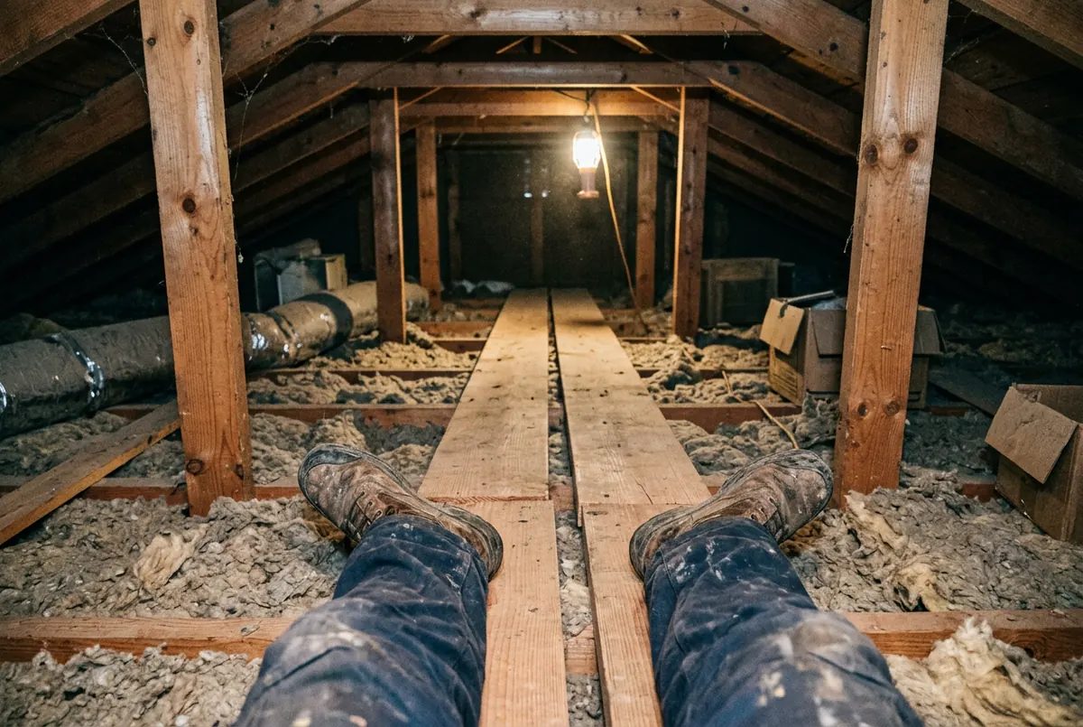 A first-person view of legs and boots resting on two planks laid across attic ceiling joists over loose-fill insulation, with a work light at the far end