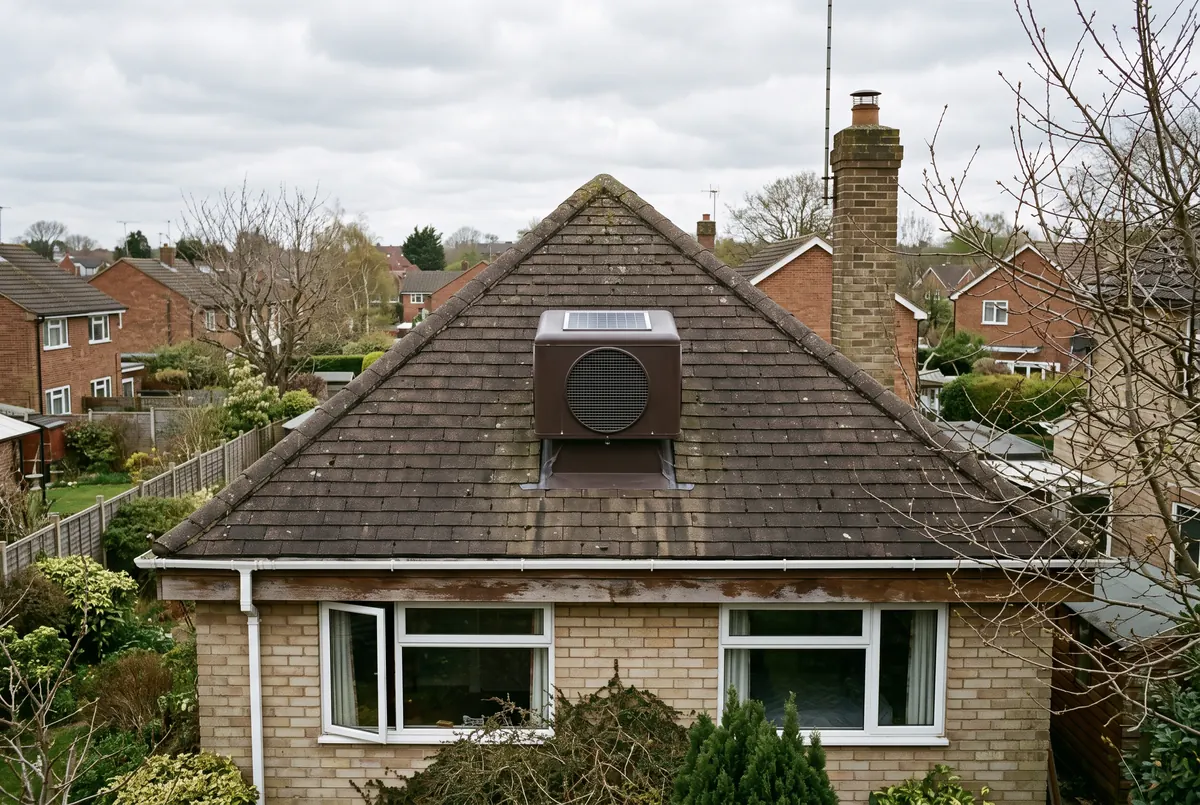 A powered attic ventilator housing mounted through the shingles on the back slope of a residential roof