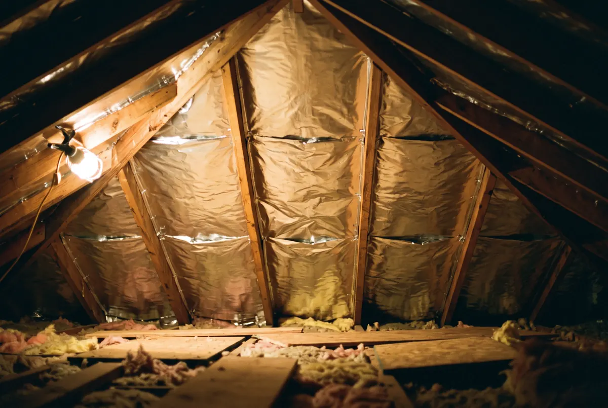 Reflective aluminum radiant barrier foil stapled to the underside of attic roof rafters, catching light in soft folds