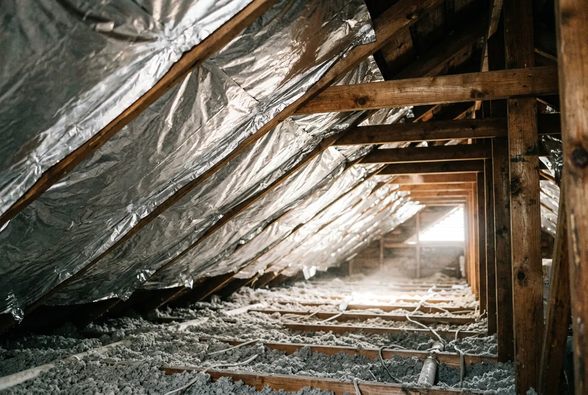 Reflective aluminum foil radiant barrier stapled under the rafters of a hot attic, catching light from a gable vent, with loose-fill insulation on the floor below