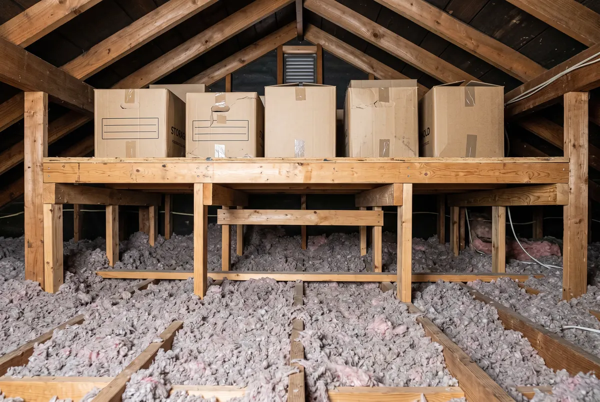Wooden storage decking raised on cross members above a deep layer of loose-fill insulation in an attic, with boxes stored on the platform