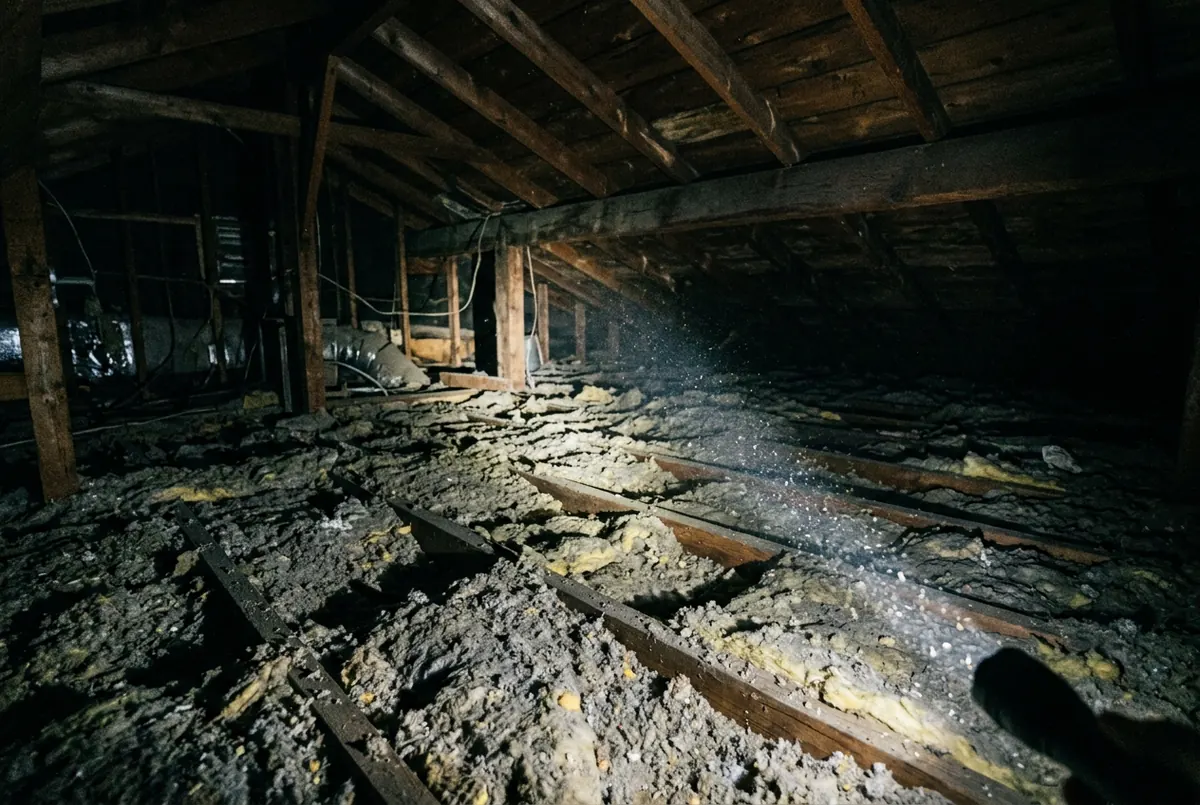 A flashlight beam raking low across an uneven attic floor at night, throwing long shadows that reveal hollows, thin patches and the ridges of joists underneath