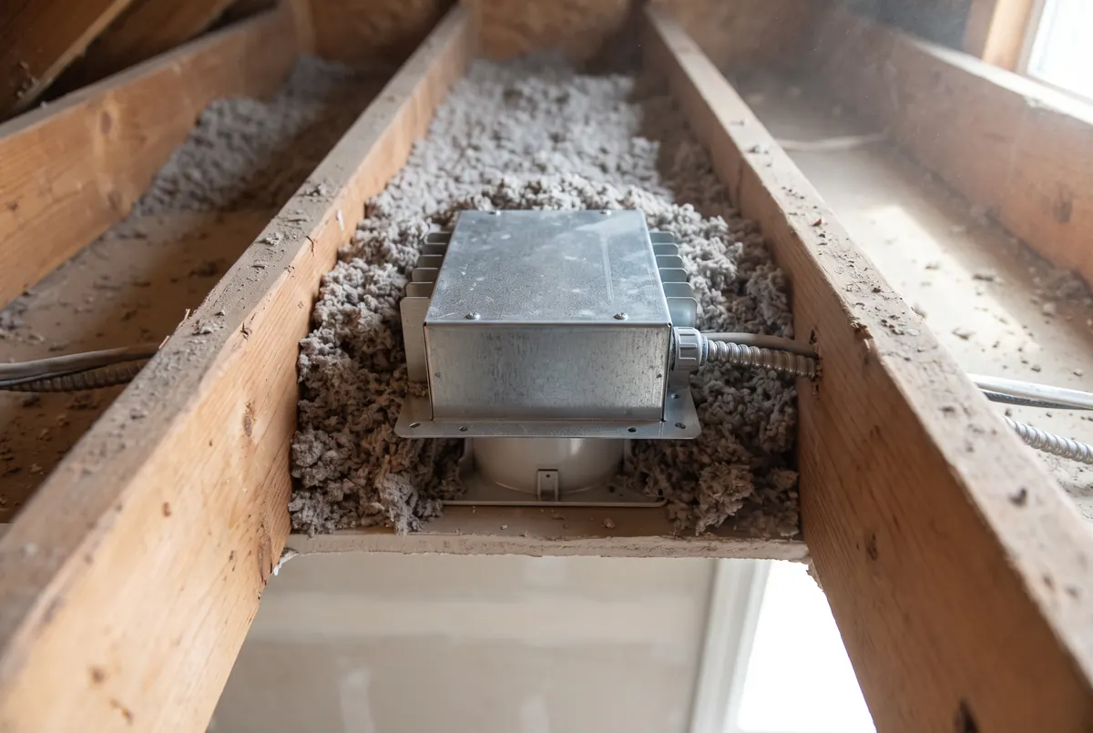 A metal fire-rated cover box installed over a recessed light housing in an attic, with insulation banked around but held clear of the fixture