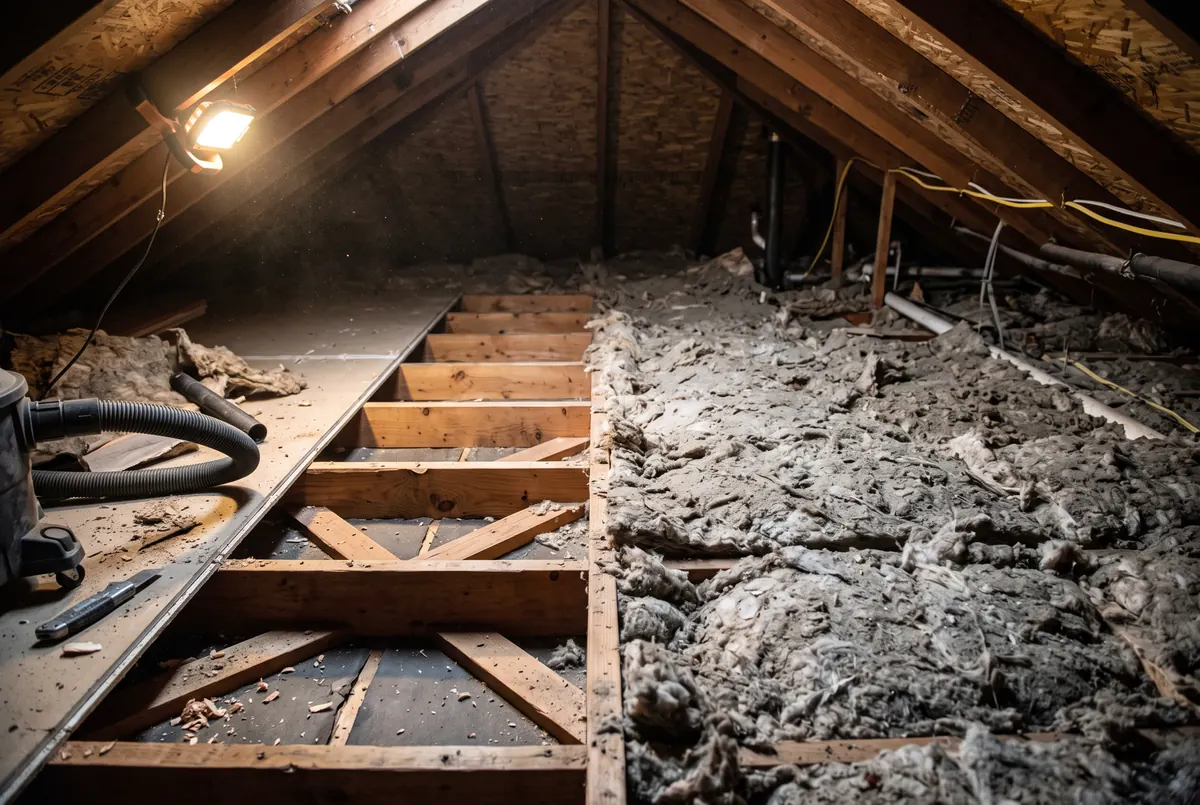 An attic mid-removal with a cleared strip of bare joists on one side meeting the ragged edge of old settled insulation on the other