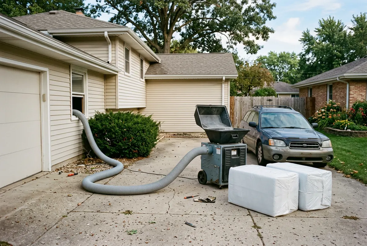 A small rented insulation blowing machine on a suburban driveway beside a family car, hose running to a basement window, with two compressed bales alongside
