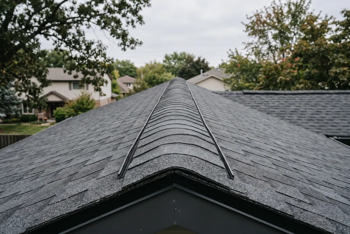 A low profile continuous ridge vent running along the peak of a residential asphalt shingle roof