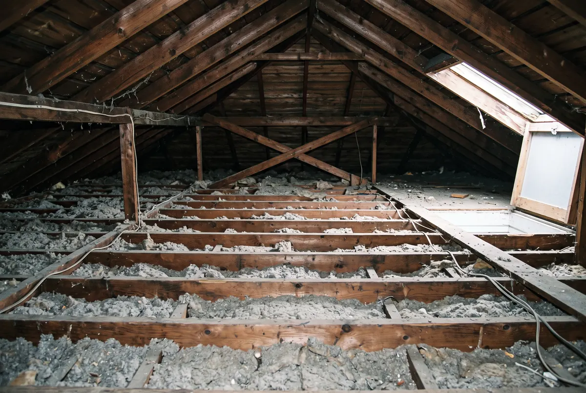 Old gray settled loose-fill insulation in an attic compacted well below the tops of the ceiling joists, which stand proud across the floor