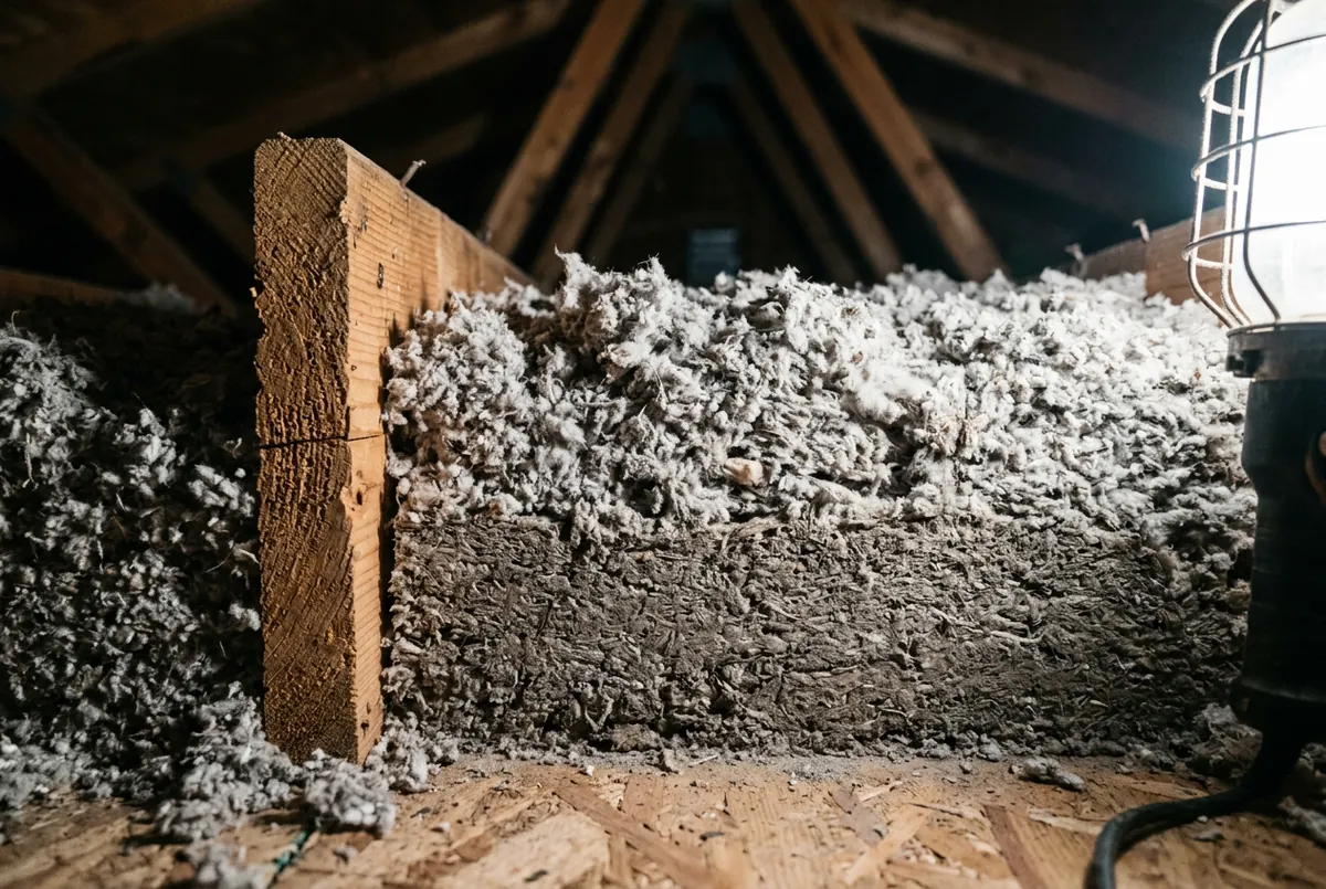 A vertical cut through a bed of loose-fill insulation in an attic showing a dense compressed lower layer under a lighter fluffier upper layer, with a joist beside it for scale