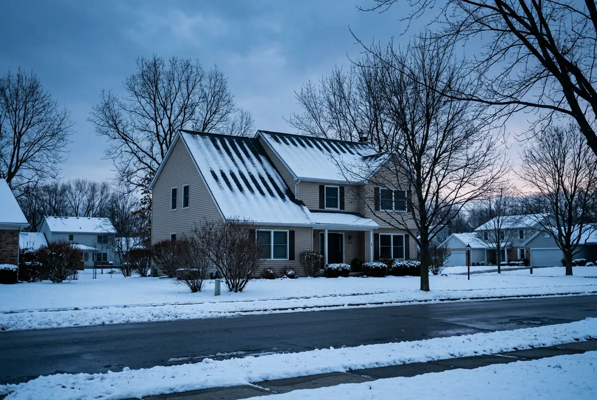An ordinary house at cold blue dawn in winter with a thin layer of snow on the roof melted away in stripes running up the slope between the framing lines