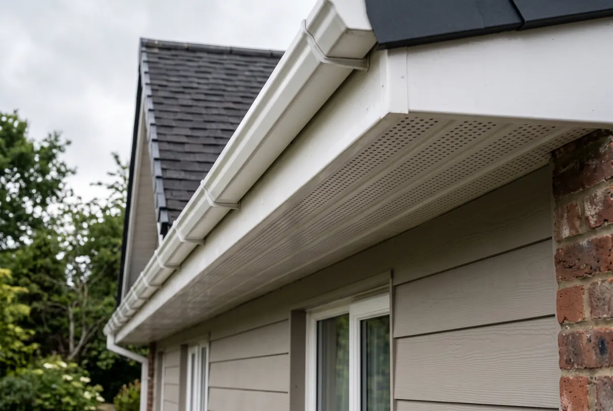 A continuous perforated aluminum soffit vent under the eave overhang of a residential asphalt shingle roof