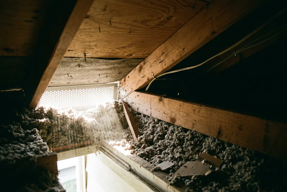 A perforated soffit vent seen from inside an attic with daylight coming up through it and the loose-fill insulation held clear of the opening