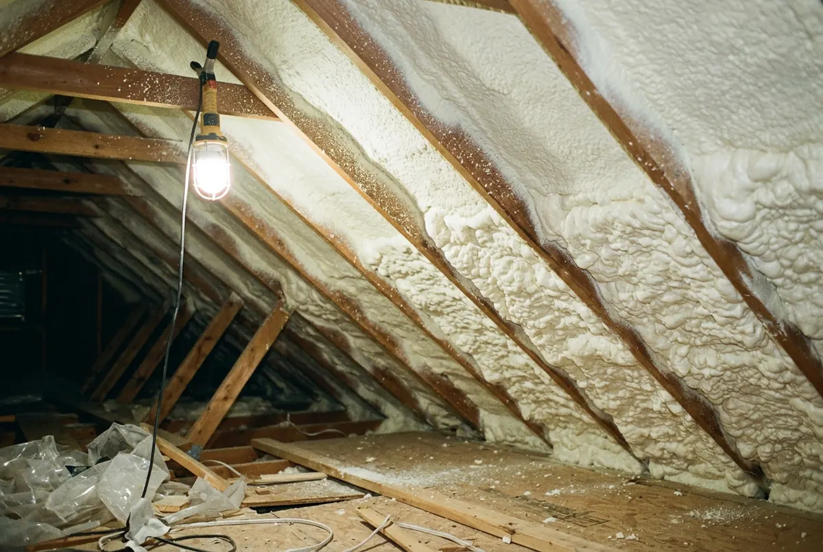 Sprayed polyurethane foam insulation applied to the underside of an attic roof deck and up between the rafters, its surface bulging where it expanded